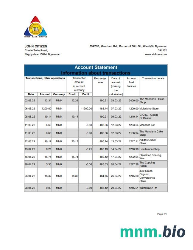 Szablon wyciągu bankowego Mozambiku Moza w programie Word i PDF